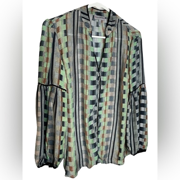 Anthropologie Lightweight Green Multi Color Checkered Long Sleeve Blouse - Picture 3 of 10